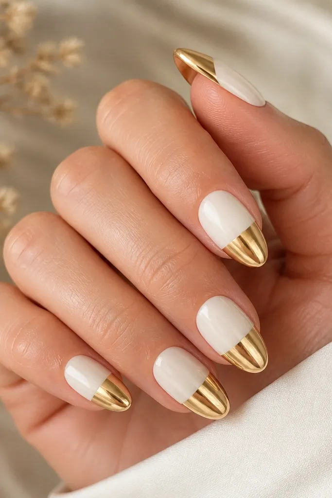 Medium almond nails painted milky white. Half the tip has a gold chrome coating that looks like liquid metal, stopping cleanly around mid-tip. The boundary is sharp and glossy.