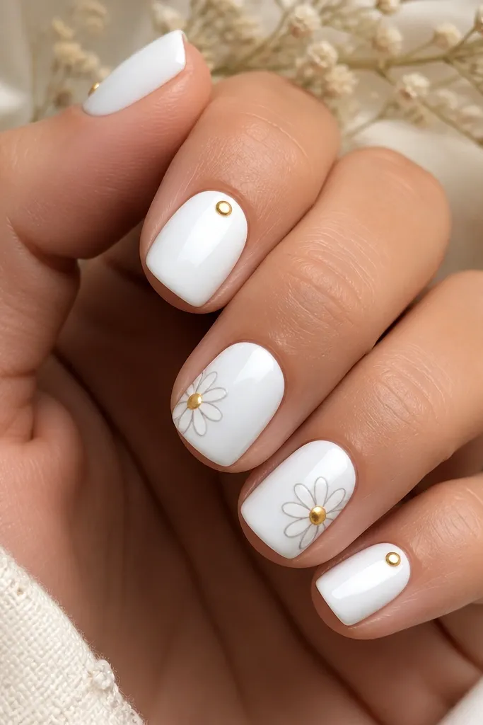Short square nails with a glossy white base. On two accent nails, there are small white daisy petals outlined faintly in gray, with a gold dot in the center. Remaining nails are solid white with one gold dot near the cuticle.