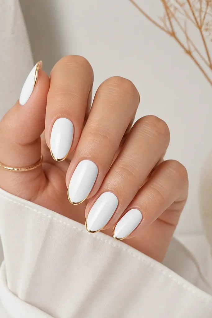 Medium oval nails with a solid white base. The tip has a thin gold outline tracing the smile line, but the inside of the tip is still white. The outline is crisp and reflective.