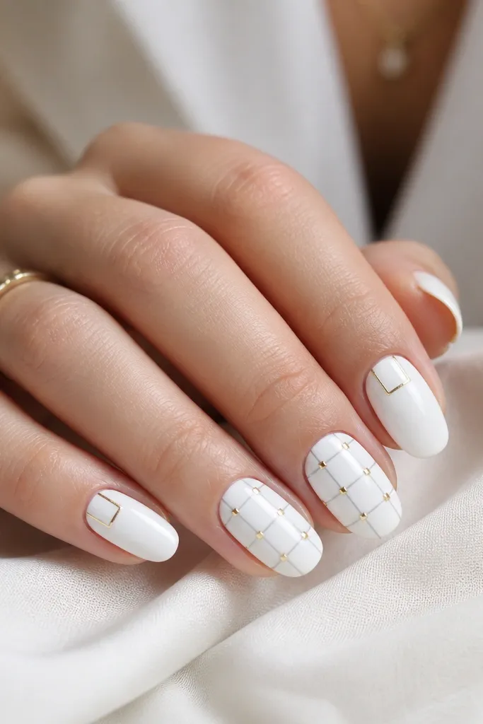 Nails painted glossy white with thin gray grid lines forming small squares on two nails. Each grid corner has a tiny gold square detail. Other nails are plain white with one gold corner frame.