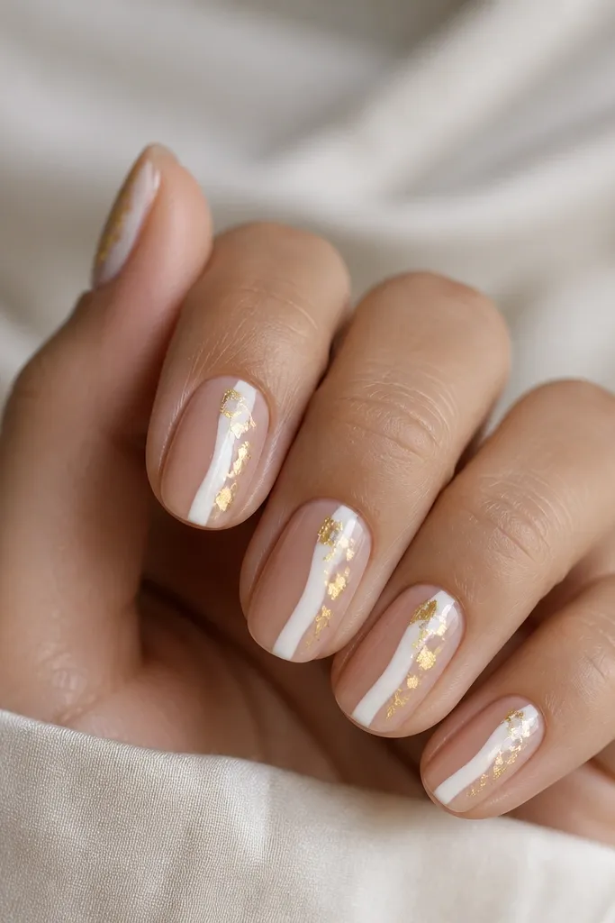 Nails with a sheer nude base. A vertical strip of white runs down one side of each nail, leaving negative space on the other side. Small gold leaf pieces sit beside the white strip on the nude area.