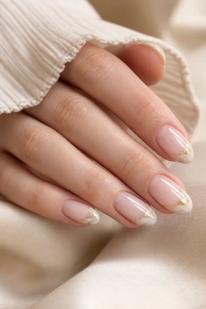 Short almond nails with sheer base. French tips are white but marbled with faint gray lines and a thin gold foil streak running through the marble near the tip. The rest of the nail is plain sheer.