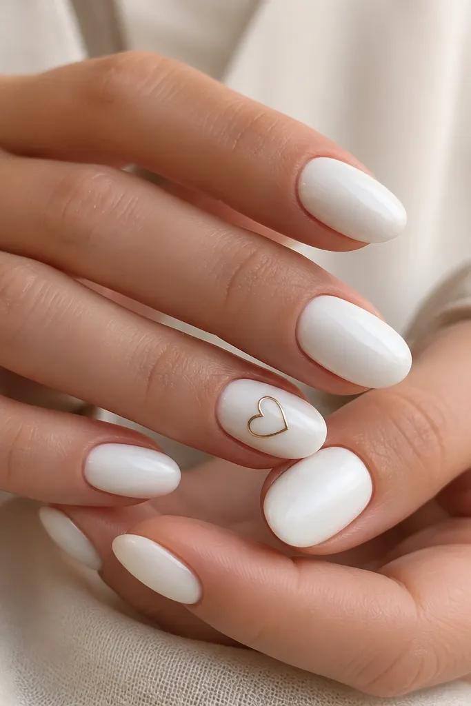 Medium oval nails painted glossy white. On two accent nails, there are small gold outline hearts near the center, with the rest of the nails plain white. The hearts are thin and reflective.