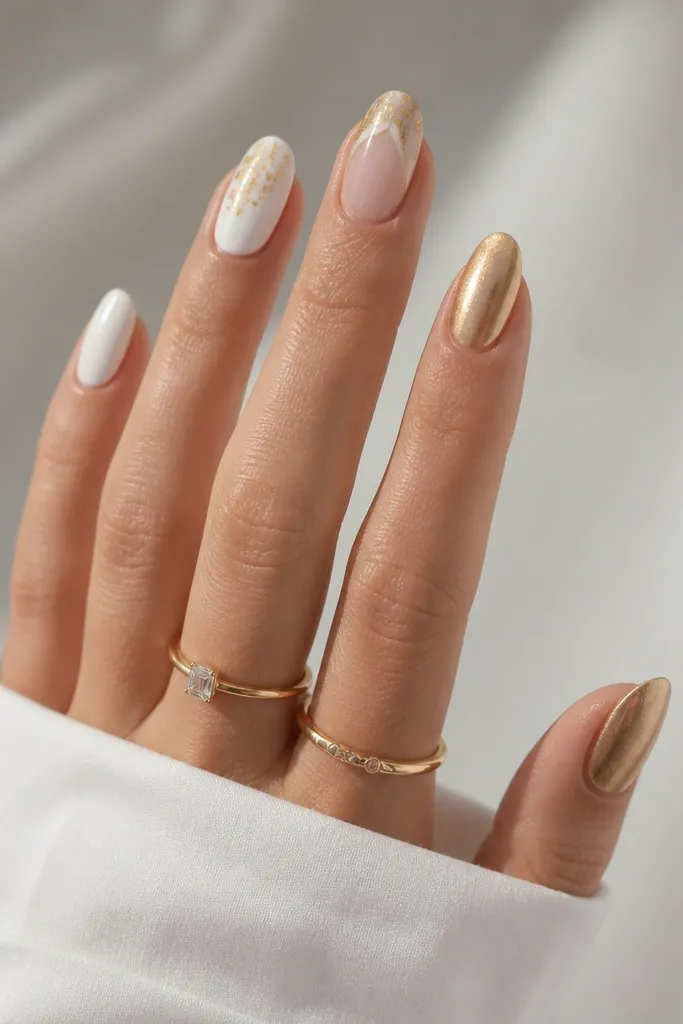 Beginner-friendly gold and white nail ideas