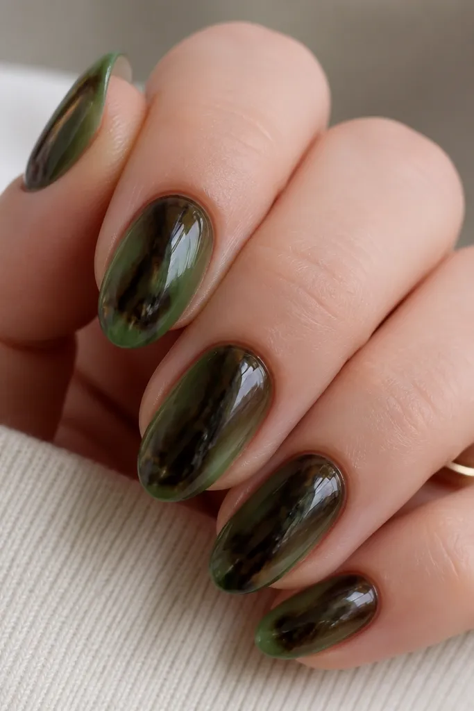 A close-up of short almond nails with a translucent forest green jelly base. Dark brown-black tortoiseshell veins run vertically through the center of each nail, leaving lighter green edges near the sides. High gloss topcoat makes the marbling look sealed under glass.