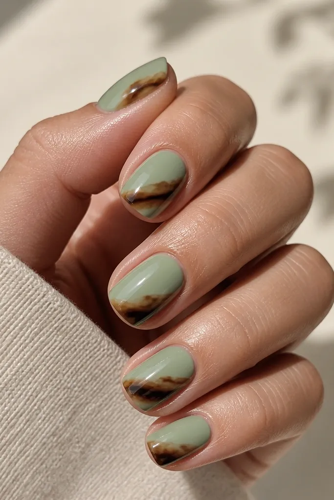 Short squoval nails in a pale sage green base. Diagonal tortoiseshell swirls cross from lower left near the sidewalls to upper right, using umber, dark chocolate, and thin golden-brown streaks. The nails are glossy with a smooth, glassy finish.