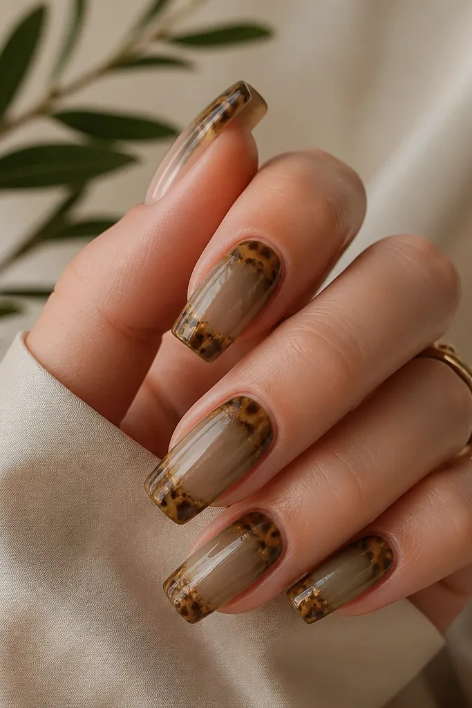 Long square nails with an olive nude base that looks creamy and sheer. The top third of each nail has tortoiseshell tips with gold-brown, dark brown, and subtle green flecks. The shell pattern is concentrated at the tips and softens toward mid-nail. Glossy topcoat.