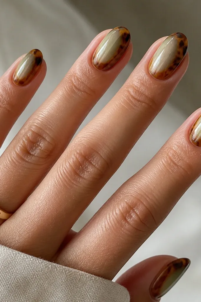 Short almond nails with a clear-to-green gradient base. Tortoiseshell marbling wraps around the sidewalls like an aura, with dark brown-black and caramel streaks on both left and right sides, leaving the center lighter. Glossy finish.