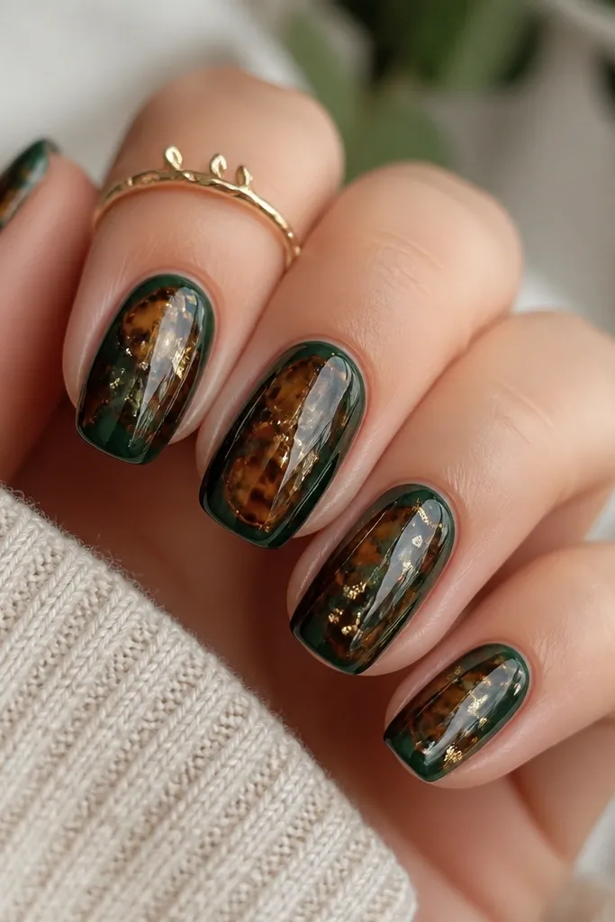 Medium squoval nails with a forest green base. Tortoiseshell marbling covers most of each nail, and tiny gold flecks are scattered sparingly within the shell. The topcoat is glossy and reflective.