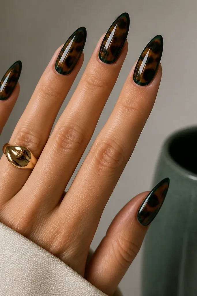 Long almond nails with a deep green base. Over it, tortoiseshell marbling fills the nail, and a thin dark outline traces the nail shape near the edges. The outline makes the marbling look framed. Glossy finish.