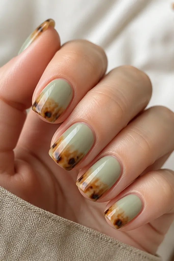 Short squoval nails with a milky green base. The tips have tortoiseshell watercolor-style smudges in caramel and dark brown that fade into the milky base near mid-nail. Soft edges, glossy finish.