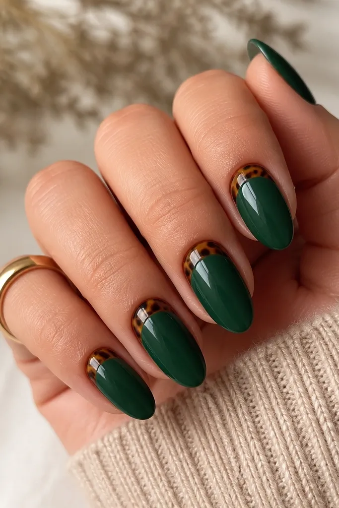 Medium almond nails with a glossy deep green base. Near the cuticle is a reverse French arc filled with tortoiseshell marbling, while the rest of the nail stays solid green. The arc is clean and centered. Glossy finish.