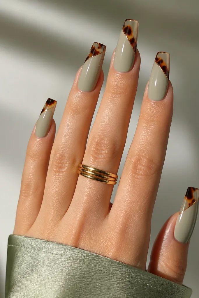 Long coffin nails with a pale nude-green base. A diagonal French shape starts near one side of the tip and slopes across the nail. The diagonal tip area has tortoiseshell marbling, but tiny gaps of nude remain as micro negative space. Glossy topcoat.
