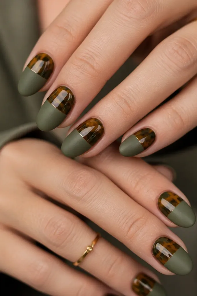 Short almond nails split visually: the top half has glossy tortoiseshell marbling over green, while the bottom half has a matte green finish. There is a clear midline separation that looks intentional. The tortoiseshell section is reflective.