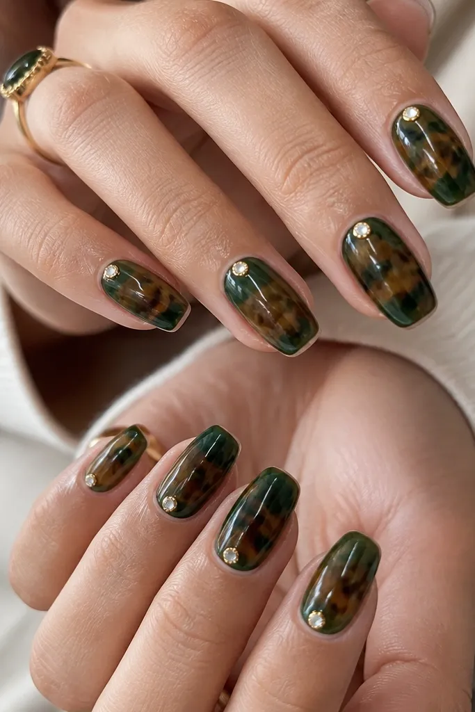 Medium squoval nails with a glossy deep green base and tortoiseshell marbling across most of the nail. At the cuticle line on each nail, there are one or two tiny crystal dots placed in the center. The rest of the nail has no extra gems.
