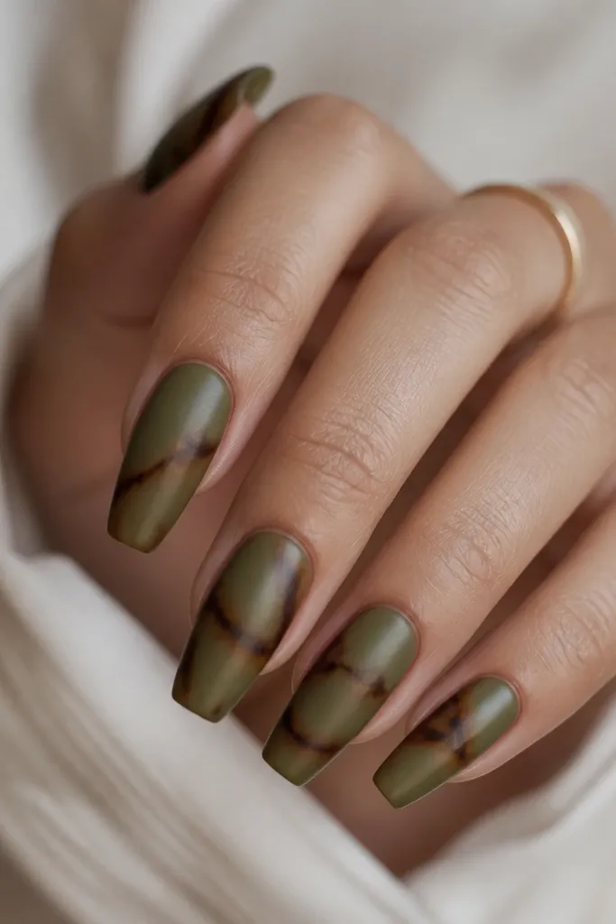 Medium coffin nails with a satin-finish green base (not fully matte, more like a soft sheen). A tortoiseshell pattern appears as brown haze streaks that look airbrushed, with darker lines running through. The overall look is muted and smooth.