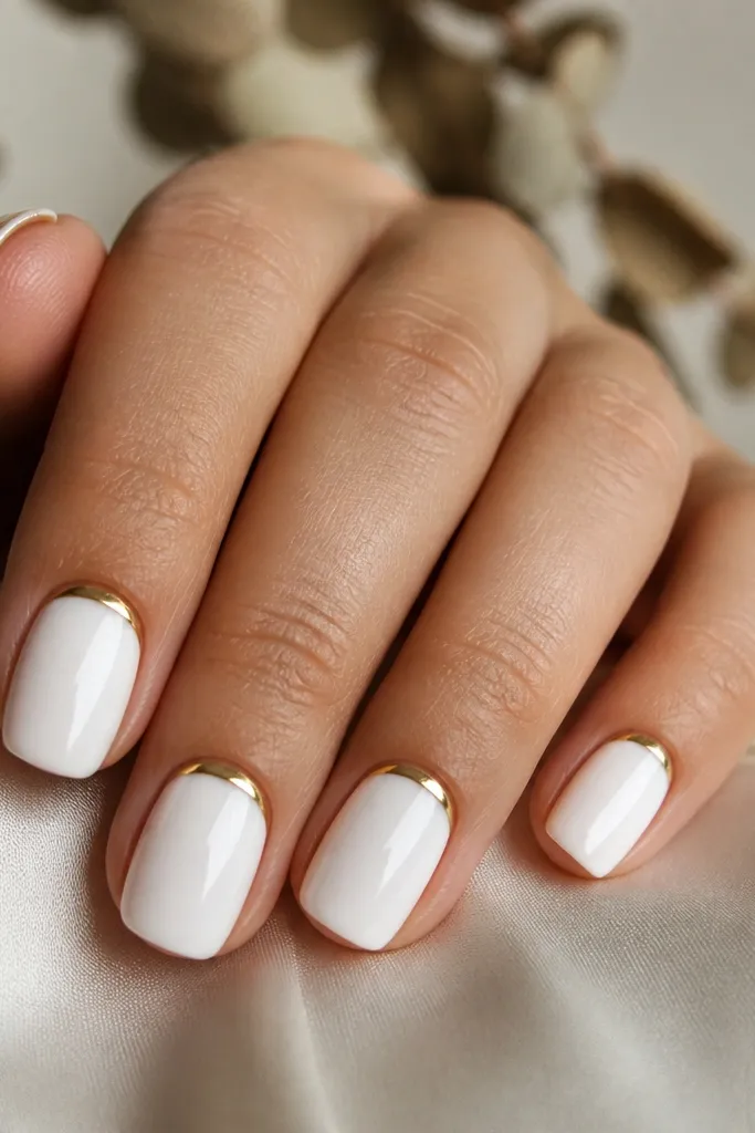 Short squoval nails painted milky white with a clean 1-2 mm gold half-moon at the cuticle on each nail, glossy top coat reflecting light.