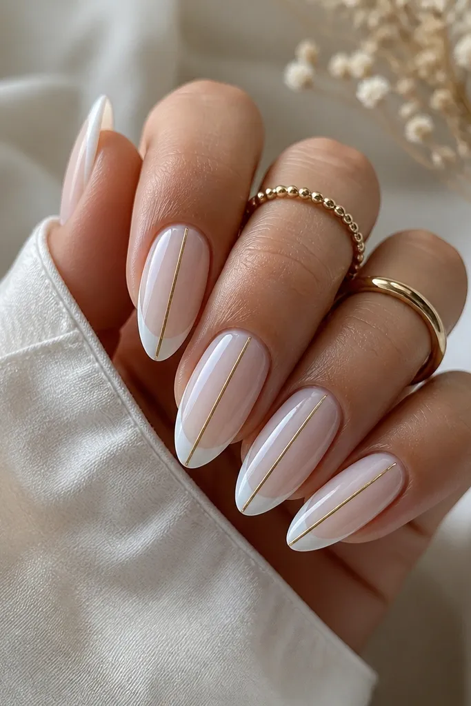 Almond nails with a milky white base and a soft white French tip, topped with a single thin gold stripe running vertically down the center line on each nail.