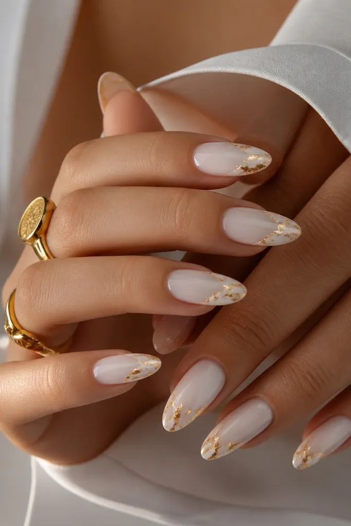Medium almond nails starting milky white at the base fading slightly toward a sheer center, with gold foil concentrated along the outer edge near the free tip.