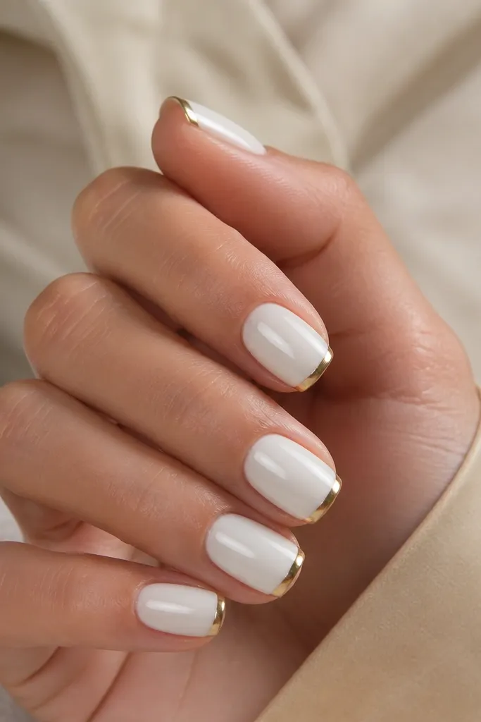 Short squoval nails painted creamy milky white, with the top 2-3 mm dipped into a metallic gold at the tips, glossy finish.