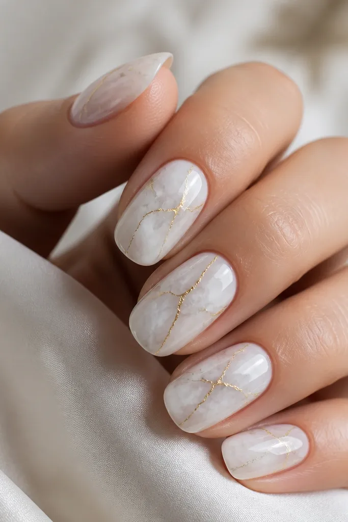 Milky white nails with soft grayish marble veining, plus thin gold leaf lines crossing the veins near the center, high gloss.