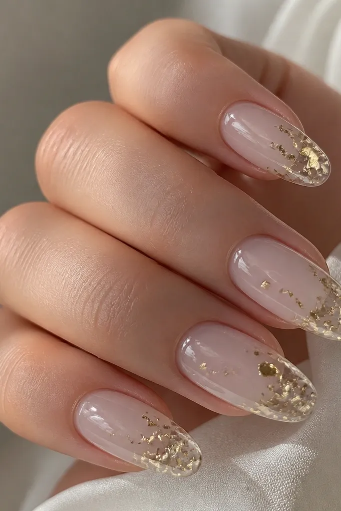 Translucent milky white nails that look like glass, with tiny gold foil confetti scattered mostly near the tips, glossy and reflective.