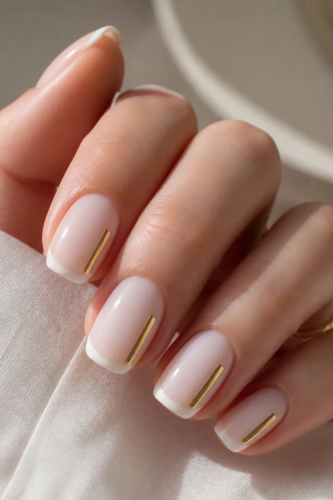 Milky white nails with a soft French tip and a single vertical gold bar on one side of each nail, centered near the sidewall, glossy.