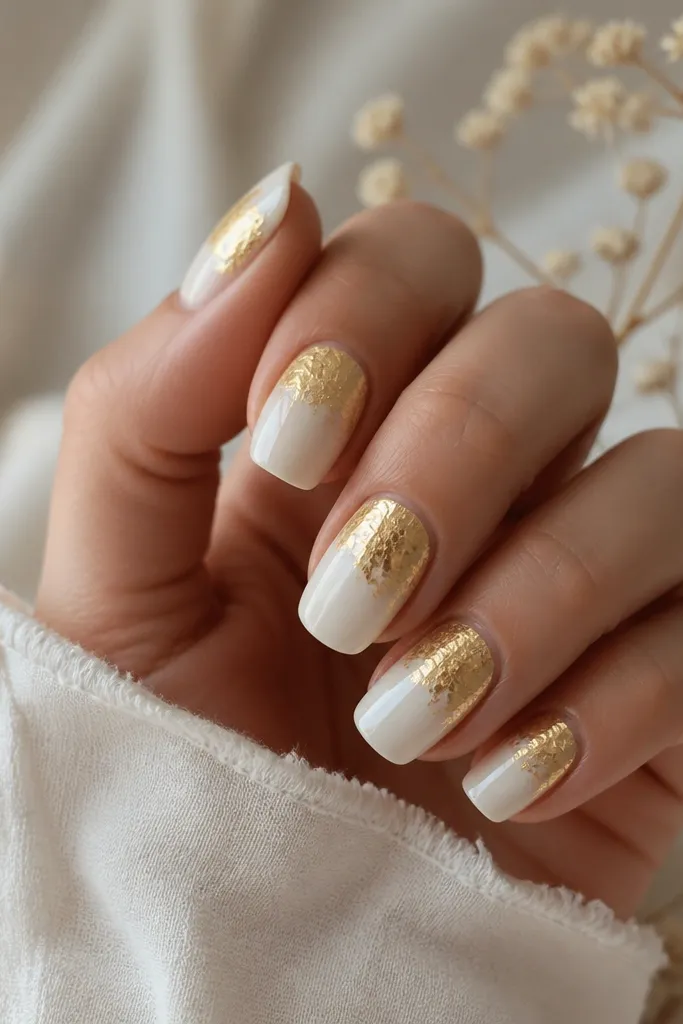 Milky white nude nails with a large gold foil piece covering the upper third of each nail, edges feathered, glossy finish.