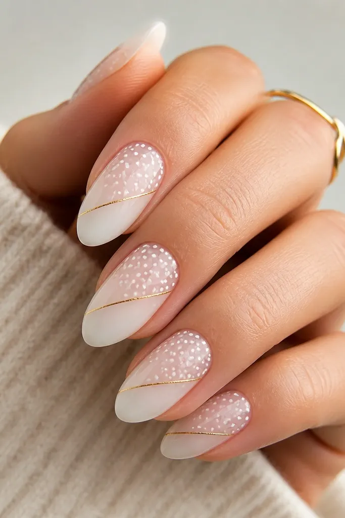 Milky white nails with tiny evenly spaced white dots fading toward the tip, plus one thin gold thread line crossing diagonally.