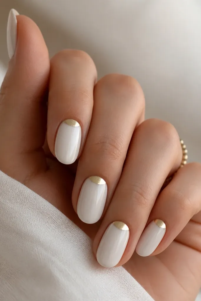 Milky white nails with a soft lighter aura glow in the center, plus a small gold crescent at the cuticle, glossy.