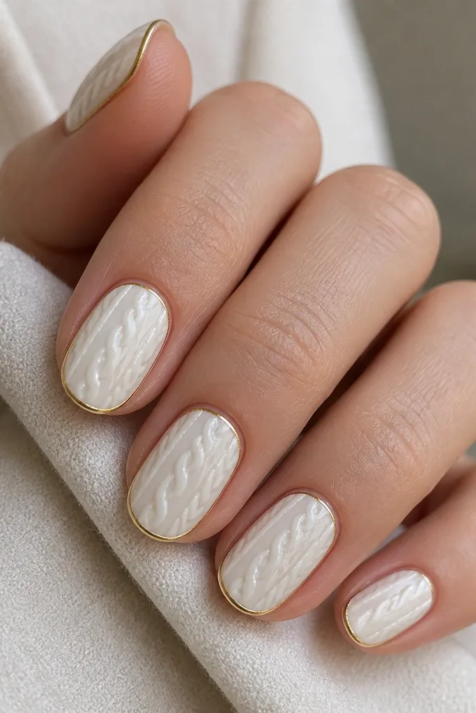 Milky white nails with raised cable knit lines made in gel, outlined with thin gold edges, glossy top coat with subtle texture.