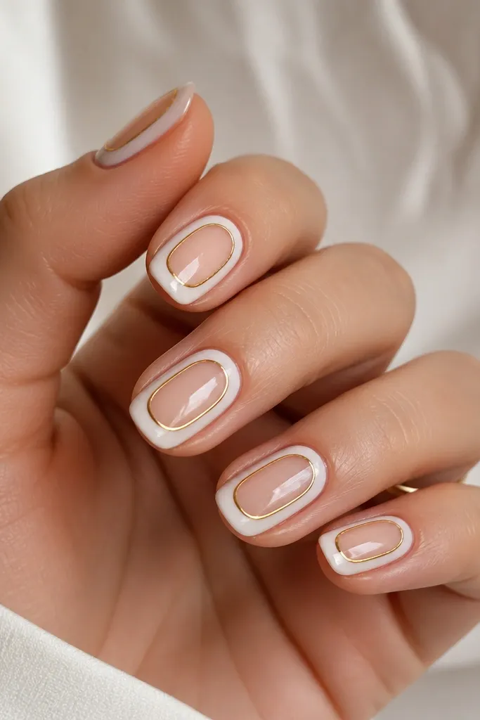 Nails with a milky white frame around a central negative-space window, and a thin gold outline around the frame, glossy.
