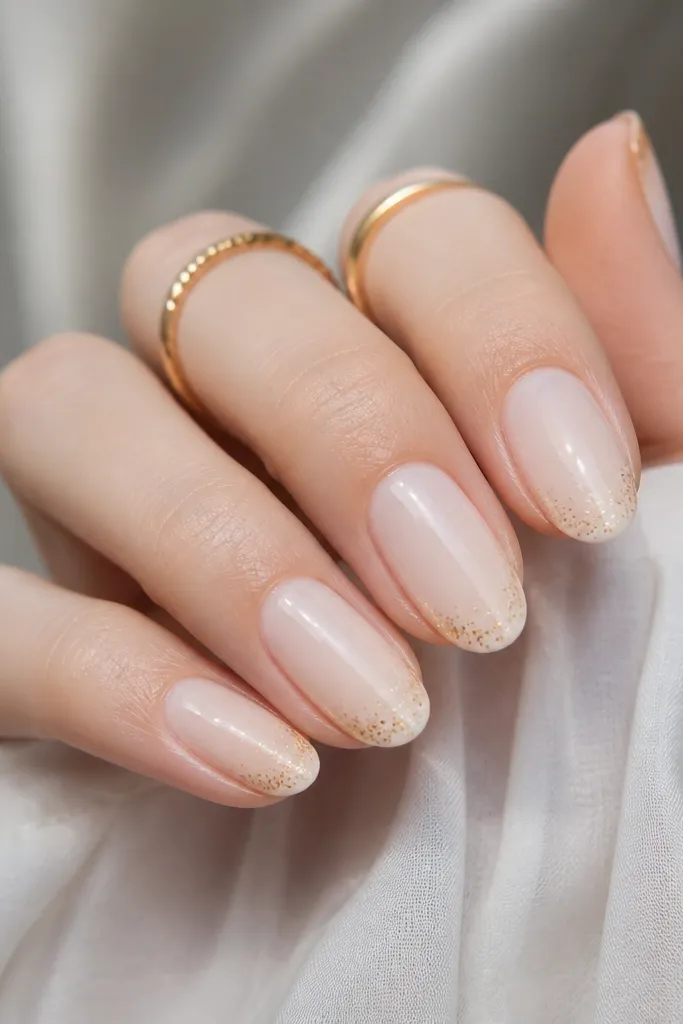 Sheer milky white blush nails with a soft gradient toward the tips, and tiny gold speckles concentrated at the free edge, glossy.
