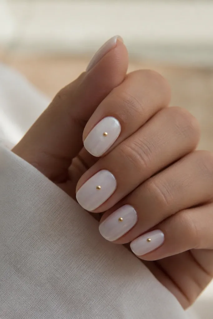 Milky white nails with a subtle circular halo effect around the center, plus a single gold dot in the middle, glossy.