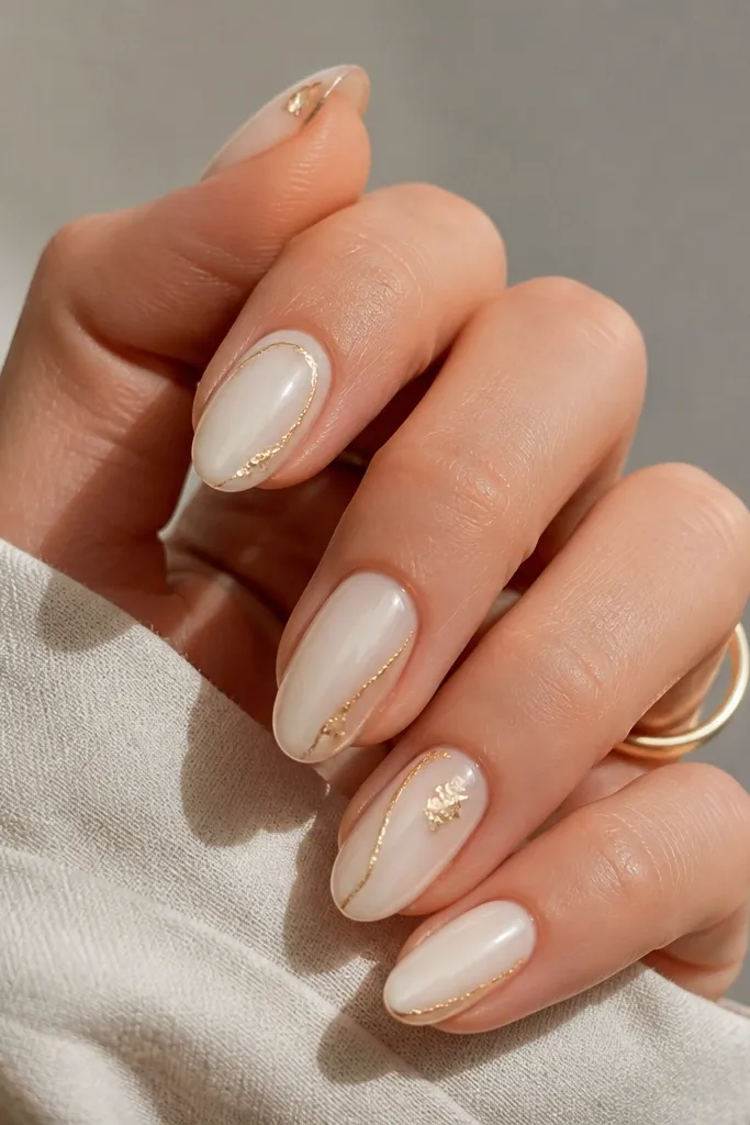 Aesthetic milky white and gold nails