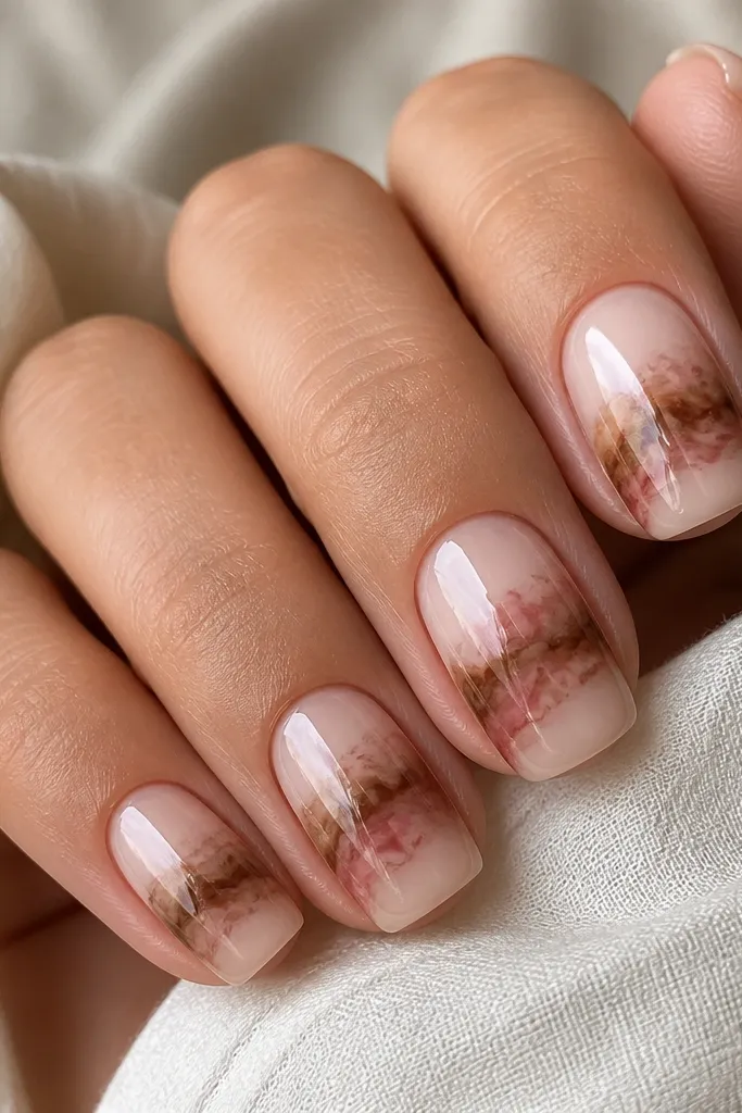 Short squoval nails with a milky nude-pink base. Brown tortoise swirls sit in the middle third of each nail, with dusty rose streaks peeking through. The top coat is glossy and reflective, and the cuticles look clean and softly blended.