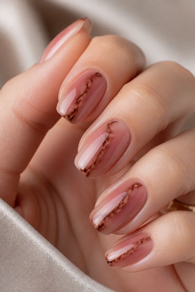 Squoval nails with a smooth gradient from pale pink near the cuticle to slightly deeper rose toward the mid-nail. A single cocoa-brown center band runs vertically with soft tortoise swirls branching off. The sides are lighter, and the finish is glossy with a clean, rounded shape.