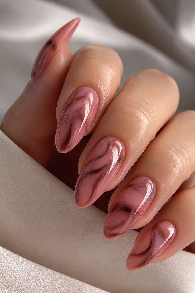 Long almond nails. The base is a translucent rose-pink jelly, and tortoise lines in warm brown and muted pink swirl across the nail. Over the top, there is a clear, slightly thicker glaze that makes the shell look trapped under glass. The gloss is mirror-like.