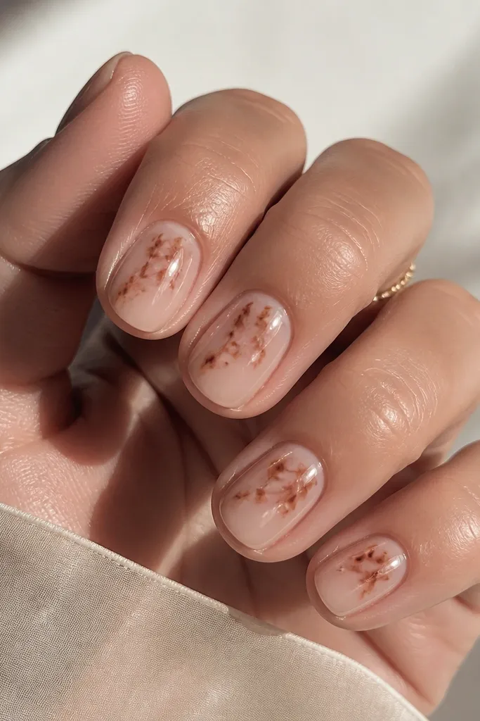 Short rounded nails on a nude-pink base. The tortoise pattern is made of tiny micro swirls and specks concentrated near the center and upper half, with a few thin brown lines. The overall look is airy and delicate, with a smooth glossy finish.