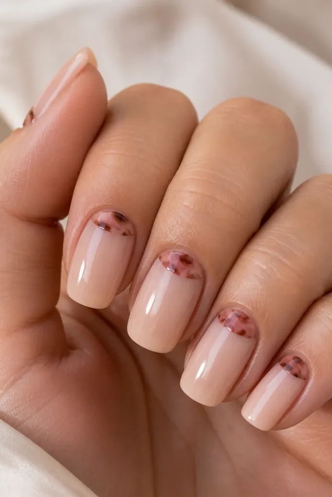 Medium squoval nails with a sheer nude base. Only the half-moon at the cuticle is painted in pink tortoise swirls: warm brown and blush lines forming a curved shell shape. The rest of the nail is plain nude with glossy shine.