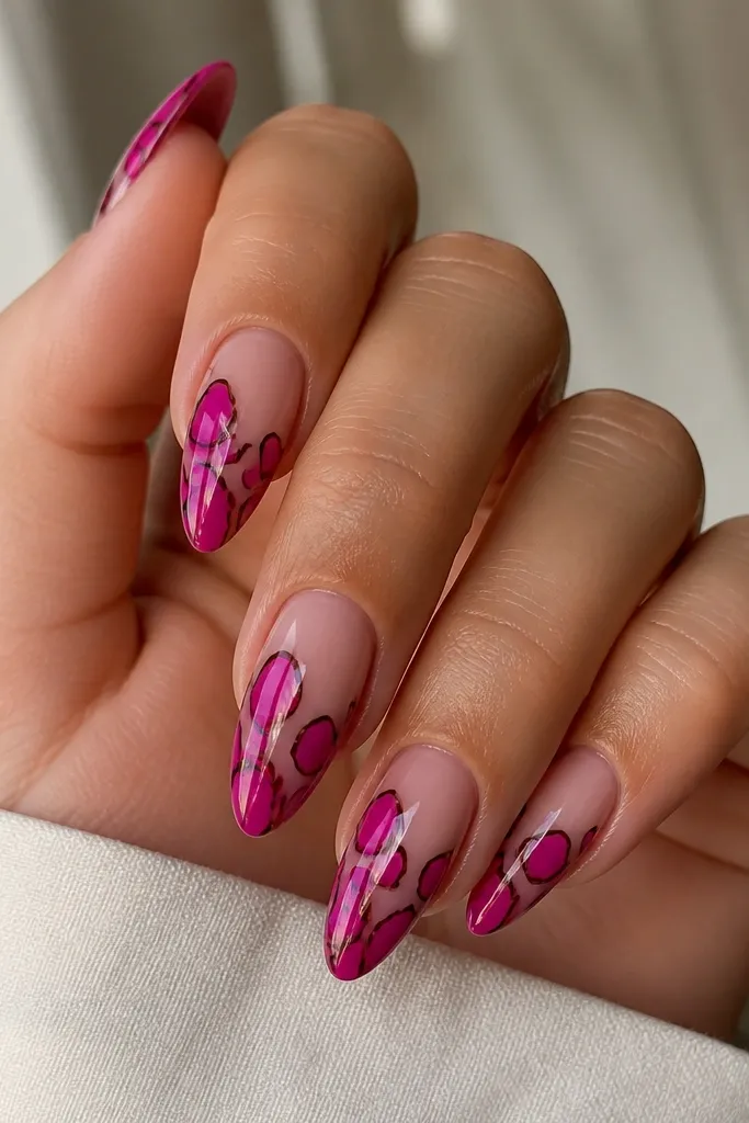 Almond nails with a sheer nude base. Hot pink tortoise swirls fill the middle and upper nail. Around the swirl shapes, there is a thin espresso-brown outline that crisps the pattern. The top coat is glossy and smooth.