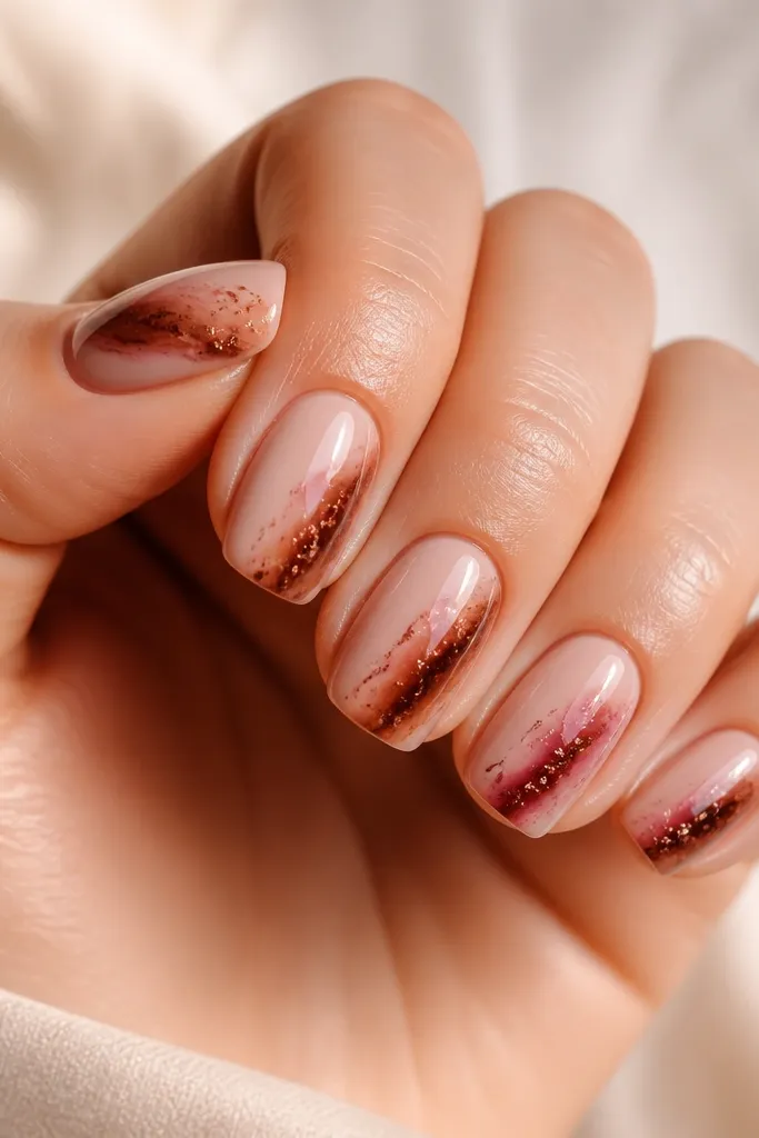 Short squoval nails. Base is peachy nude with a soft satin glow. Tortoise swirls in warm brown and dusty rose run diagonally from center toward one side. Copper micro flecks are scattered near the swirl intersections. Gloss top coat makes it reflective.