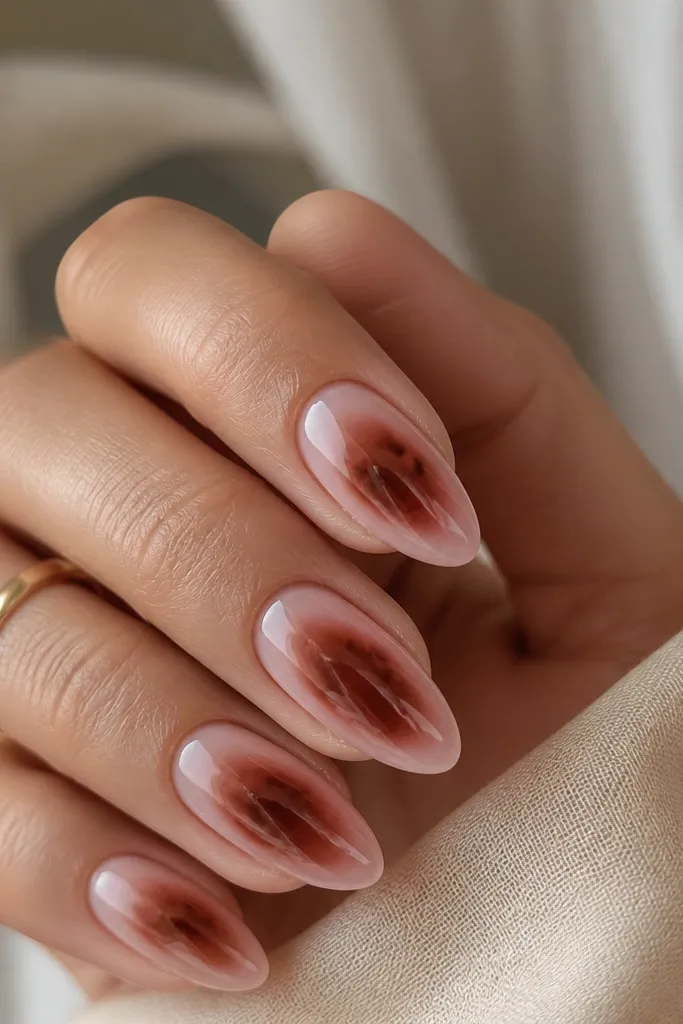 Medium almond nails. The base is sheer nude-pink. A soft tortoise aura effect forms a halo around the center - brown shell lines and pink mist fade outward. The edges are lighter, and the center is slightly darker and glossy.
