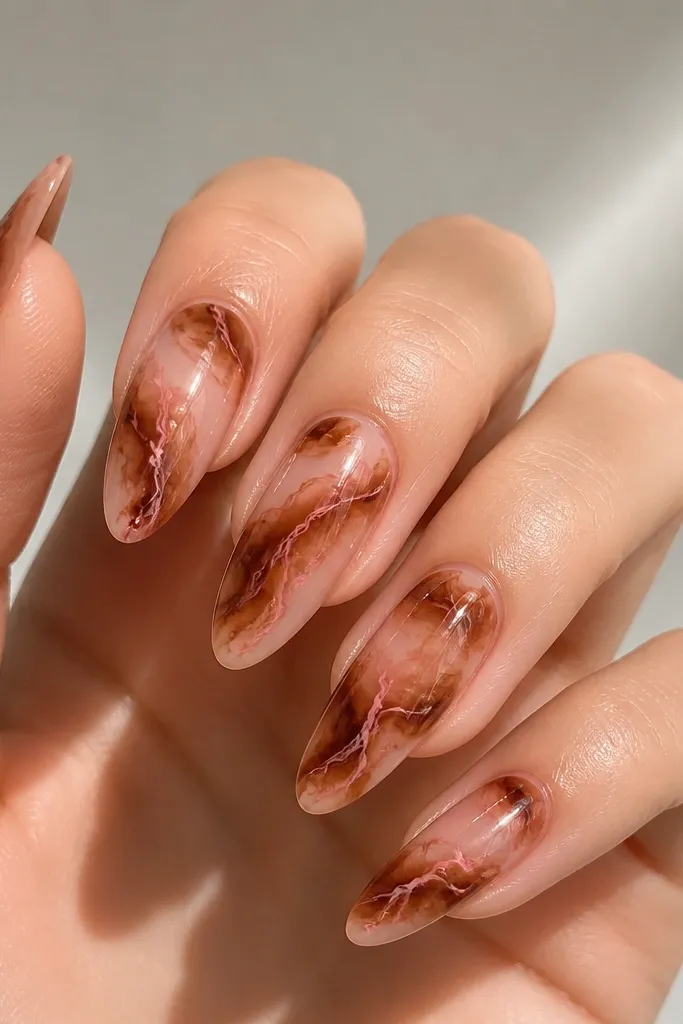 Long almond nails with a translucent nude-pink base. Brown tortoise marbling looks like cloudy swirls, with thin translucent pink veins running through. The marble lines look layered, and the top coat is glossy with a smooth dome.