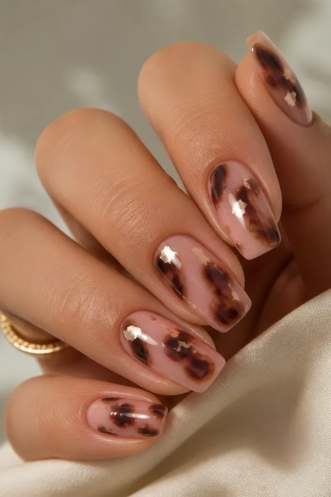 Medium squoval nails with a rose-pink base. Tortoise swirls use black-brown shadowing that sits behind the main brown lines, creating a subtle depth effect. The highlights are pale pink and the top coat is glossy.