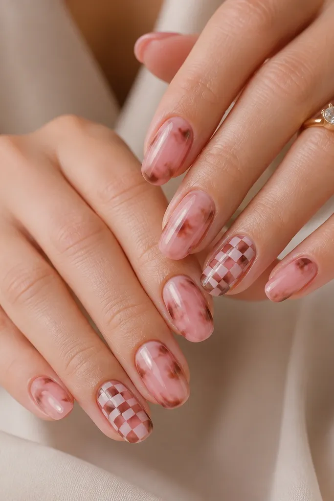Assorted nails: four nails show classic pink tortoise swirls on nude-pink, while one accent nail per hand has a tiny checker pattern in blush and warm brown. The accent checker sits on the center third, surrounded by smoother shell lines. Everything is glossy.
