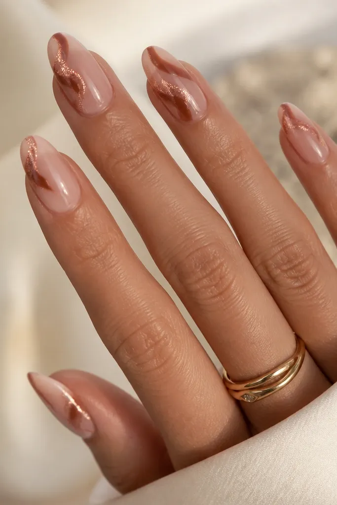 Medium almond nails on a sheer blush base. Tortoise swirls are painted in warm brown and soft pink. Only the swirl areas are coated with a fine pink-gold shimmer top coat, creating a sparkle pattern that stays concentrated. The rest of the nail is glossy but not sparkly.