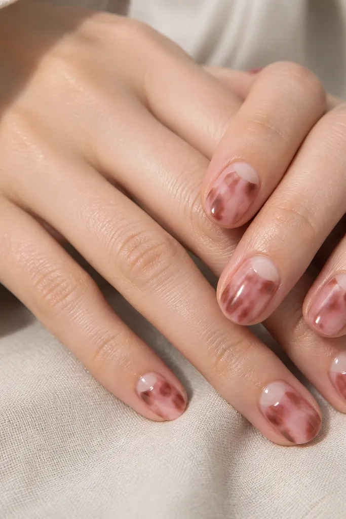 Short rounded nails with a nude base. At the cuticle, there are reverse French half-moons left nude, while the rest of the nail shows pink tortoise swirls in blush and warm brown. The negative space half-moons are crisp and the nails are glossy.