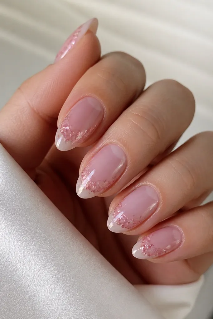 Short almond nails with a milky powder-pink tortoise wrap that hugs the sides like a ribbon. The center has a sheer jelly layer, and the tips are clear glassy jelly with tiny pink flecks suspended inside. Light catches the tortoise chips in dusty rose and peach tones, with crisp edges near the sidewalls.
