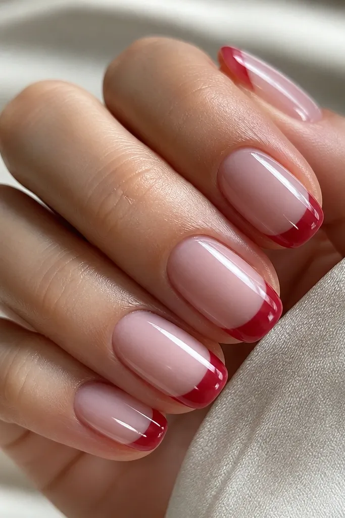 Short soft-squoval nails with a sheer milky rose base. The french tips are painted in a glossy cherry red cat eye that shows a bright vertical stripe. Tips are crisp and evenly arched, with a reflective gel shine.